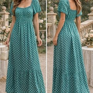 Teal Polka Dot Maxi Dress | Flutter Sleeve Cottagecore Dress